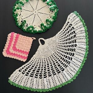 Vintage Handcrafted Green and Pink crochet Kitchen Linens Set